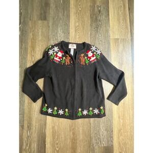 Tiara International Christmas Sweater Womens Large Petite Black Zip Cardigan Vtg